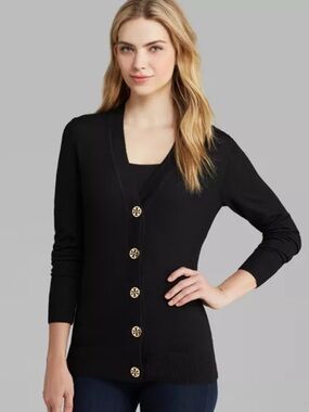 Tory Burch Black w Silver Logo Buttons Merino Wool Simone Cardigan Top Sz. XL